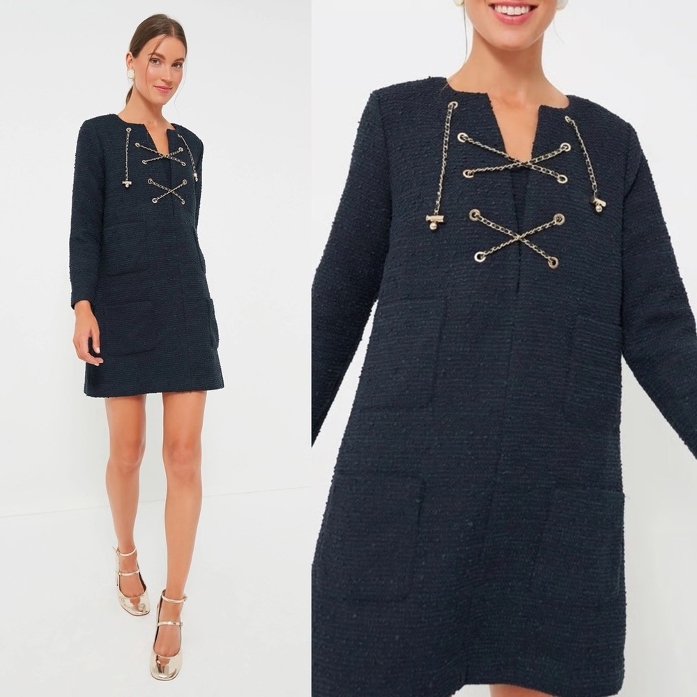NWT Tuckernuck Kelly Tweed Tie Lace Up Pocket Dress Navy